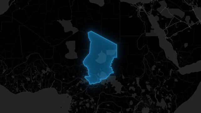 Stylized Blue Neon Glow Map Zoom In Animation on Dark Digital Background - Chad