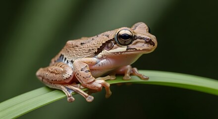 Fototapeta premium Close-up Macro Shot of a Small Brown Frog Perched on a Green Leaf.