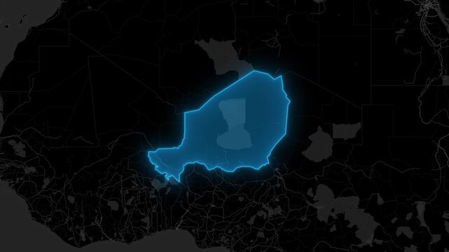 Stylized Blue Neon Glow Map Zoom In Animation on Dark Digital Background - Niger