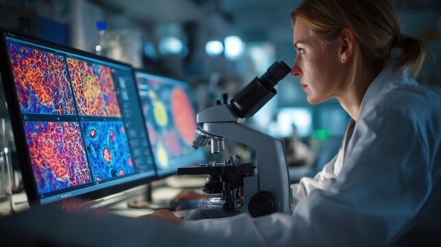 Female scientist using microscope and analyzing scientific data in laboratory