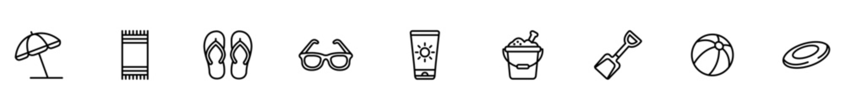 Beach umbrella beach towel flip flop sunglass sunscreen sand bucket shovel beach ball frisbee outline icon set for summer vacation, seaside travel, minimal black line art on white background