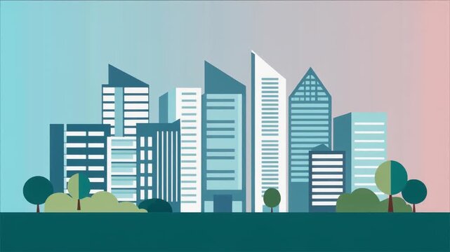 A stylized cityscape illustration features buildings and trees against a gradient sky