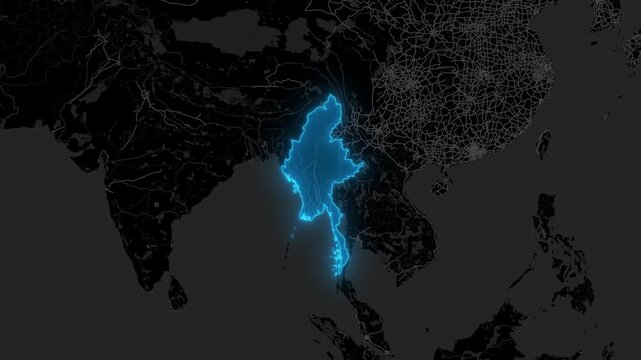 Stylized Blue Neon Glow Map Zoom In Animation on Dark Digital Background - Myanmar