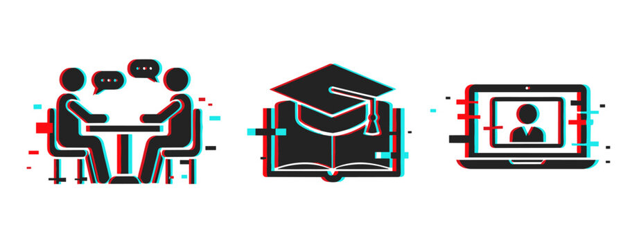 People conversing with graduation cap and online learning icons. Glitch effect