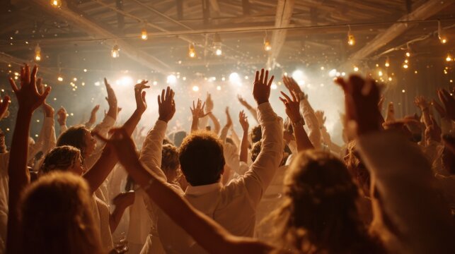 Group of people dancing and celebrating joyfully at a wedding reception with lively atmosphere and warm lighting