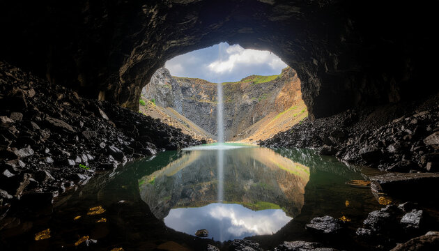 Cave opening with waterfall and reflection