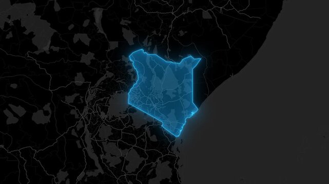 Stylized Blue Neon Glow Map Zoom In Animation on Dark Digital Background - Kenya
