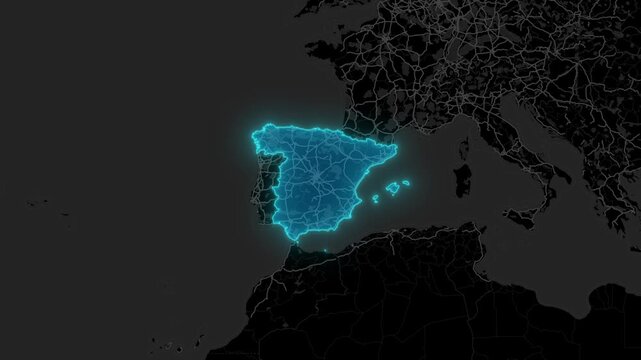 Stylized Blue Neon Glow Map Zoom In Animation on Dark Digital Background - Spain