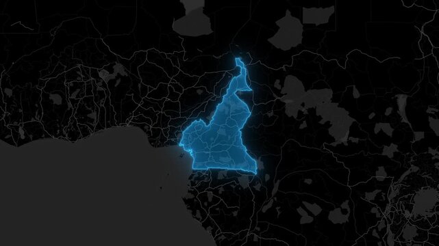Stylized Blue Neon Glow Map Zoom In Animation on Dark Digital Background - Cameroon