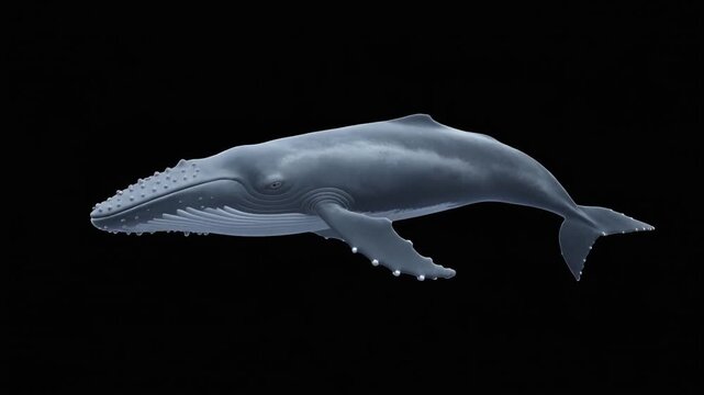Detailed 3D digital render of a humpback whale floating against a solid black background, featuring realistic textures, ventral pleats, pectoral fins, and a prominent fluke tail.