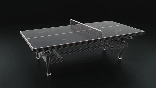 3D model of a table tennis table with white wireframe lines on a black background, featuring a net and support structure, rendered in high detail for architectural visualization.