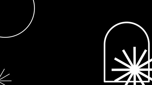 Thin white geometric outlines of arches and circles decorate a solid black canvas to provide a clean and sophisticated architectural design style