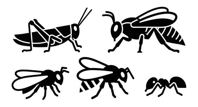 Insect Silhouettes Collection: Grasshopper, Bees, Wasps, and Ant Vector Icons