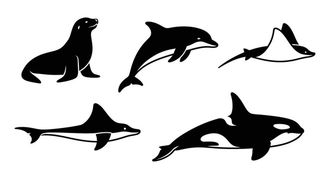 Marine Animals Silhouettes Set: Dolphin, Orca, Seal, Manta Ray, and Shark Vector