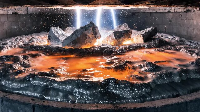 Close medium shot of slagging process in electric arc furnace molten slag forming a protective layer over molten scrap highlighting refining and melting stages.