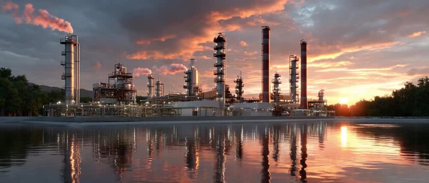 Industrial Sunrise: An industrial facility stands resolute against the backdrop of a captivating sunrise, its towering structures reflected in the serene waters.