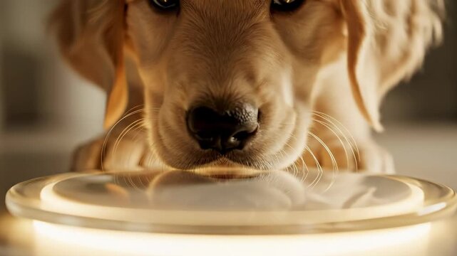 Adorable Golden Retriever Puppy Gazing at a Glowing Frisbee.