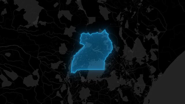 Stylized Blue Neon Glow Map Zoom In Animation on Dark Digital Background - Uganda