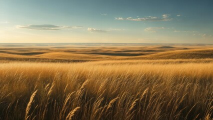 Obraz premium Rolling golden grasslands under a sunlit sky, grasses in foreground, soft lines, slight haze