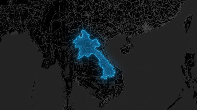 Stylized Blue Neon Glow Map Zoom In Animation on Dark Digital Background - Laos