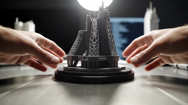 Close up of hands holding a 3D printed model of the Eiffel Tower.