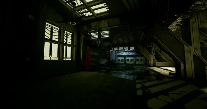 wet reflective floor with scattered shafts of light, puddle ripples and graffiti panels, crate near stairwell and worn textures, moody atmosphere hinting