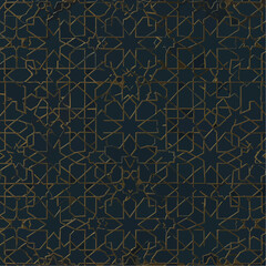 Fototapeta premium Intricate gold geometric pattern on a dark blue background, creating a stylish seamless design.