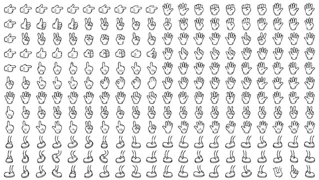 Retro cartoon legs and hands, Hands with gloves and feet with boots, various poses for characters, a set of poses, gestures, placement of hands and feet. Mascot character set.	