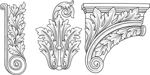 Architectural ornament illustration set, acanthus leaf scroll artwork design, classical vector motif, bold graphic icon, black white decorative symbol © Retu