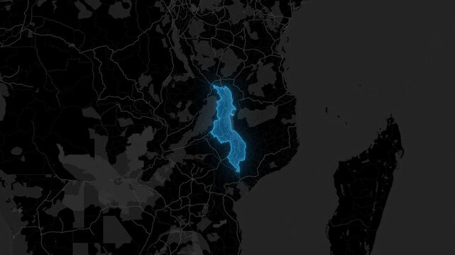 Stylized Blue Neon Glow Map Zoom In Animation on Dark Digital Background - Malawi