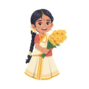 Cute cartoon Kerala girl in traditional kasavu saree holding kani konna flowers for vishu festival