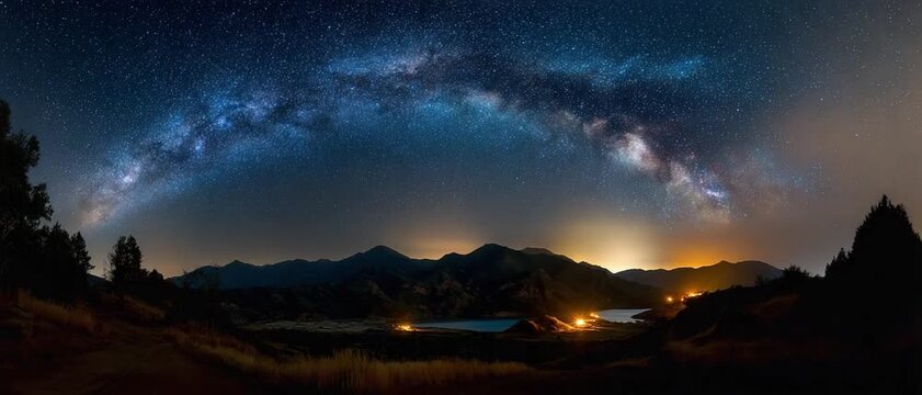Night Sky over Mountain: A breathtaking panorama of the night sky, where the luminous Milky Way arches over a majestic mountain range. Below.