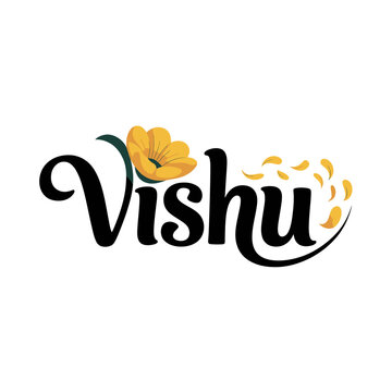 Vishu festival greeting typography with yellow kani konna flower and petals isolated on white background