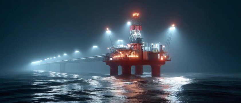 Illuminated Offshore Rig in the Dark: A formidable offshore rig stands as a beacon of light amidst a dark, vast sea.