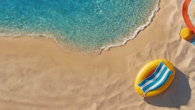 Serene Beach Day: A captivating aerial view captures a tranquil beach scene, with crystal-clear turquoise waters gently caressing the soft, golden sands, inviting relaxation and escape.