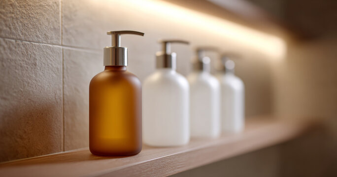 Amber and frosted glass soap dispensers