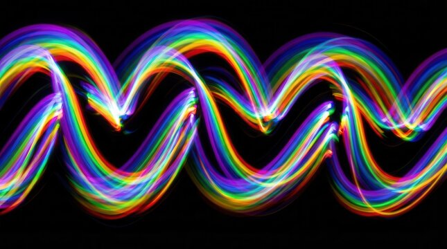Prismatic light streaks create a rhythmic pattern over a solid black background.