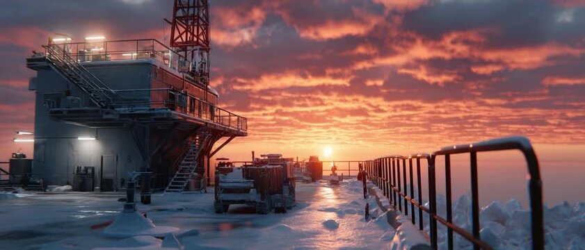 Oil Rig Sunset Silhouette: An imposing oil rig stands majestically against a fiery sunset, a symbol of industry resilience.