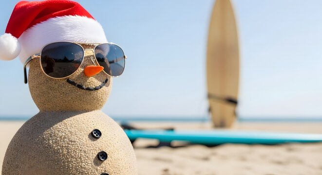 Sand snowman wearing sunglasses and santa hat on beach