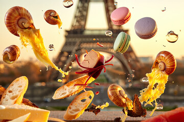 Flying dessert and Eiffel Tower explosion. Surreal Paris food art 3D render dynamic motion concept advertising photography travel France.