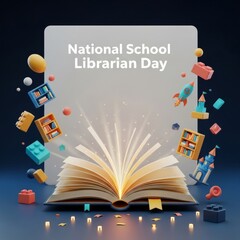 Obraz premium National School Librarian Day celebration with open book and playful icons