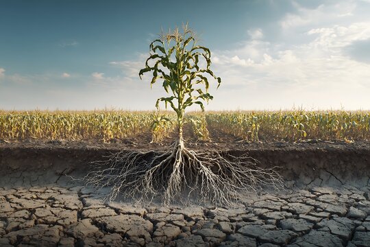 A scene of agricultural biotechnology, with a genetically modified crop root system visibly resisting drought in parched soil 