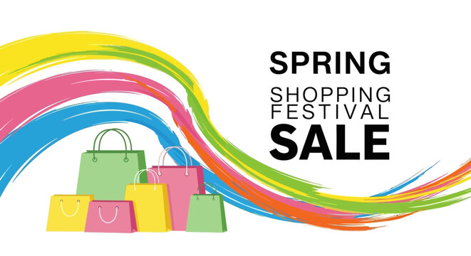 Spring Shopping Festival Sale with Colorful Bags and Abstract Brush Strokes