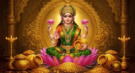 Fototapeta premium Opulent Goddess Lakshmi surrounded by pots of gold coins and ornate architecture Hindu goddess