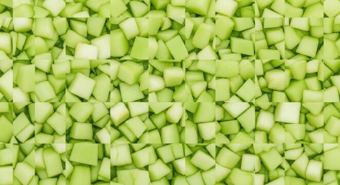 Fresh diced green apples on a wooden board for healthy snack preparation. Diced green apples create vibrant backdrop for various culinary presentations or recipes.