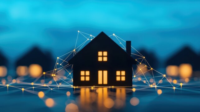Miniature house model with glowing  connected by digital network lines at night