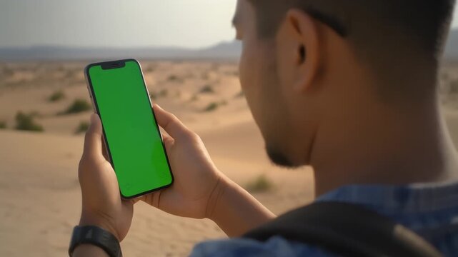 Man holding a green screen phone in a desert landscape, tracking his location