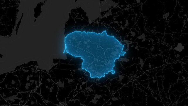 Stylized Blue Neon Glow Map Zoom In Animation on Dark Digital Background - Lithuania