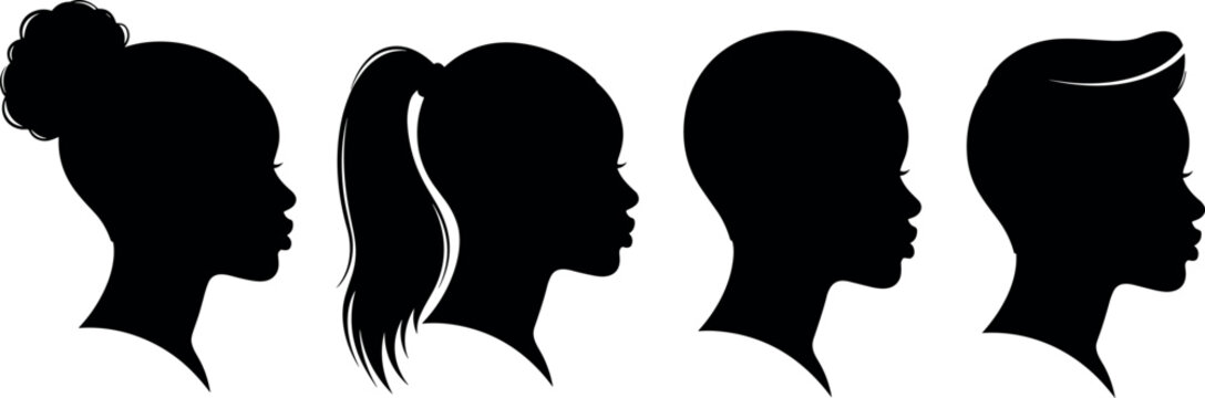 Set of black woman profile silhouettes with diverse hairstyles including curly afro bun high ponytail short buzz cut and pompadour
