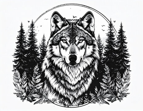 A detailed black and white vector illustration of a wolf in a forest